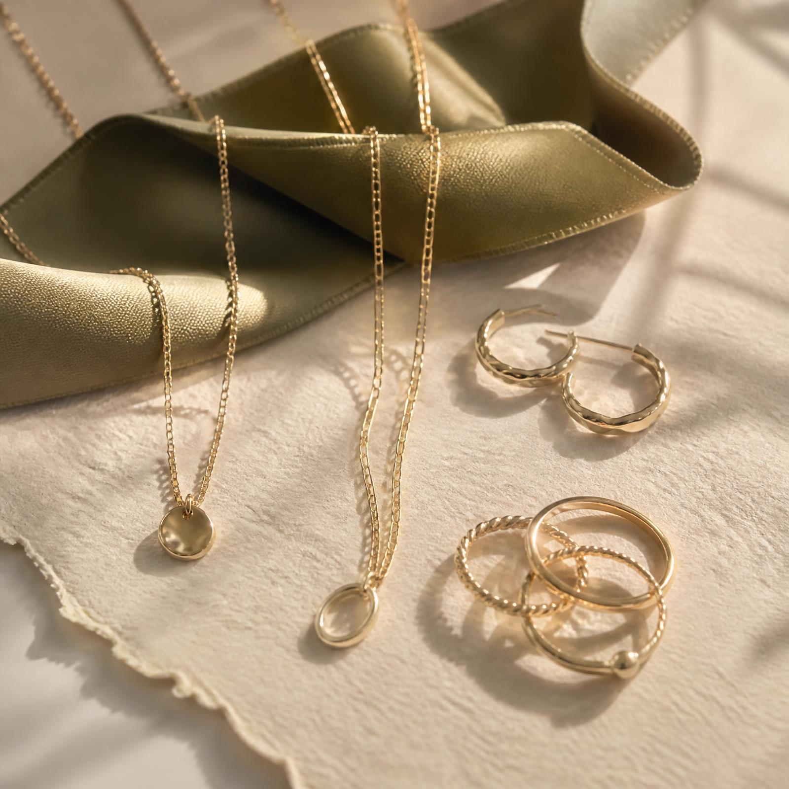 Gold Sol & Steel jewelry arranged on textured ivory paper