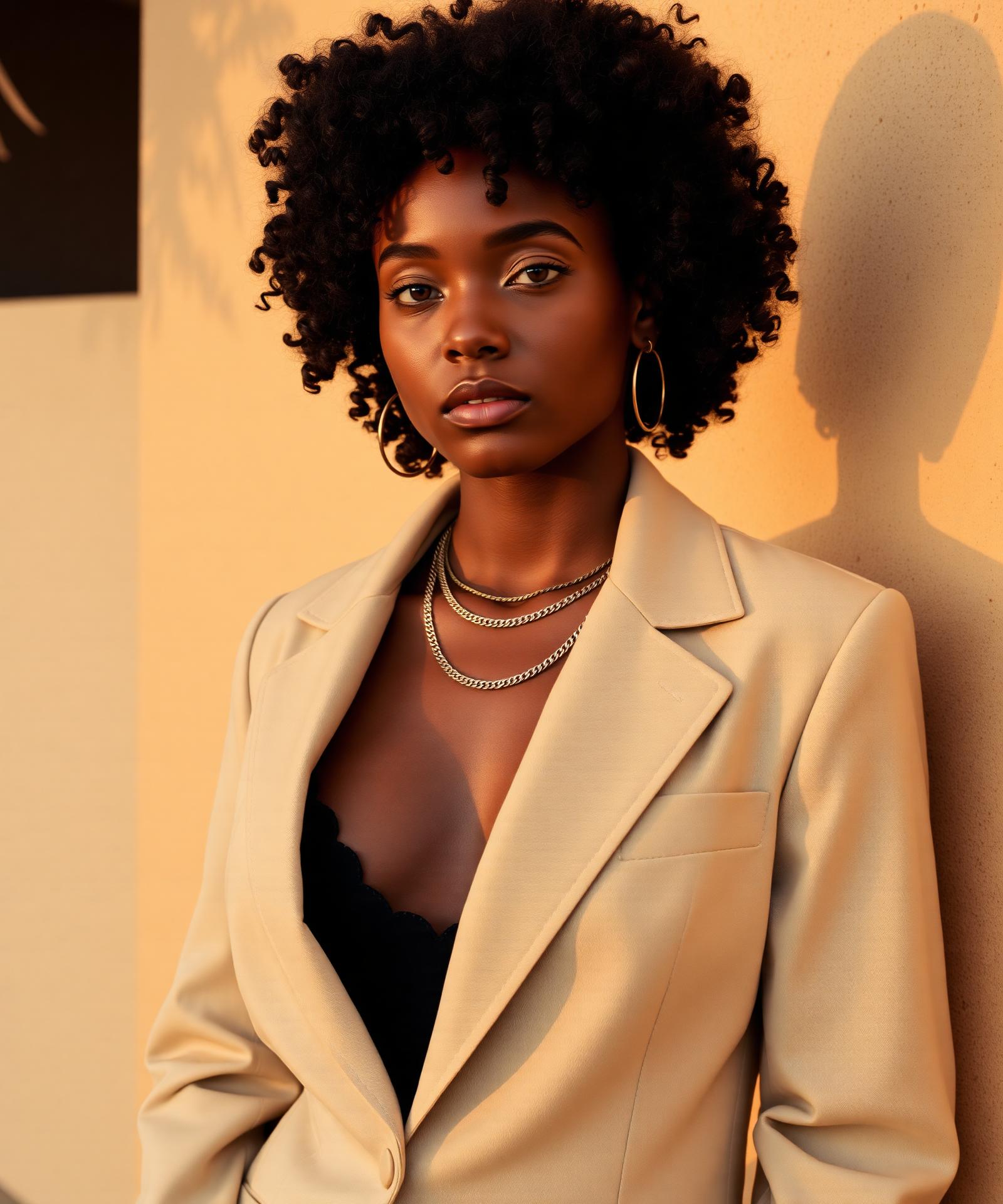 Woman with natural curly hair wearing layered gold Sol & Steel necklaces in golden evening light